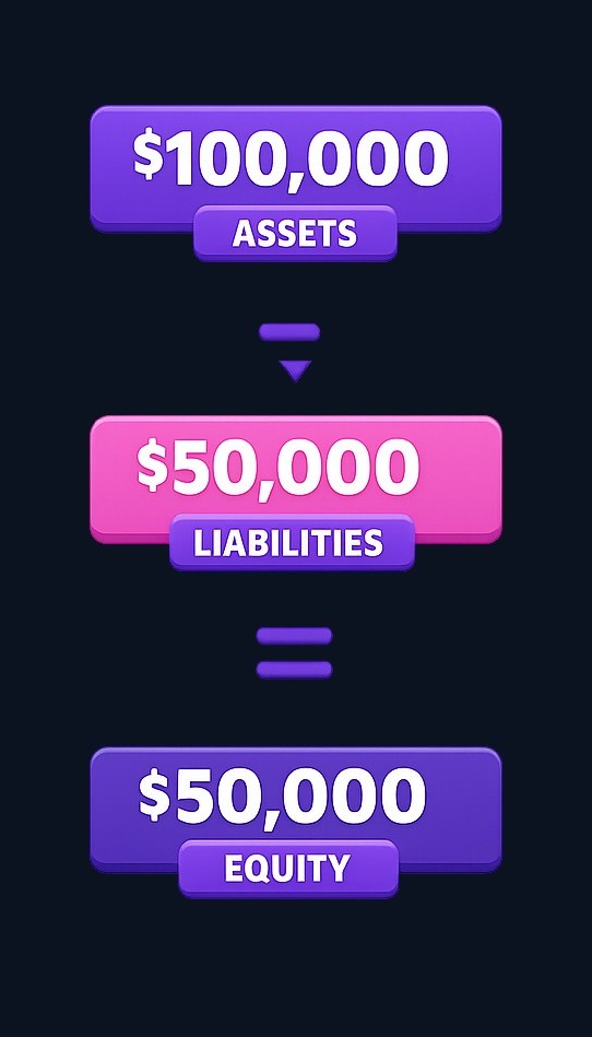 Equity calculation: Subtract total liabilities from total assets. In this example, $100,000 in assets minus $50,000 in liabilities equals