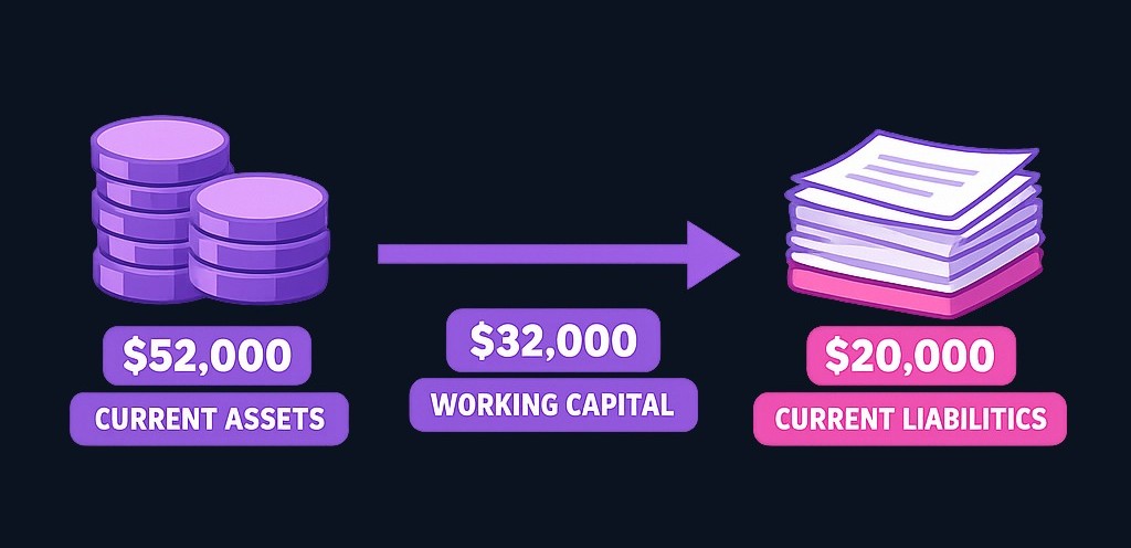 Working capital measures short-term financial cushion. Current assets ($52,000) minus current liabilities ($20,000) equals $32,000. A