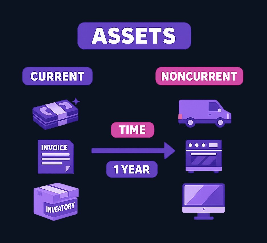 Assets are grouped by liquidity: current assets convert to cash within a year (like inventory or receivables), while noncurrent assets support operations long-term (like equipment or property).