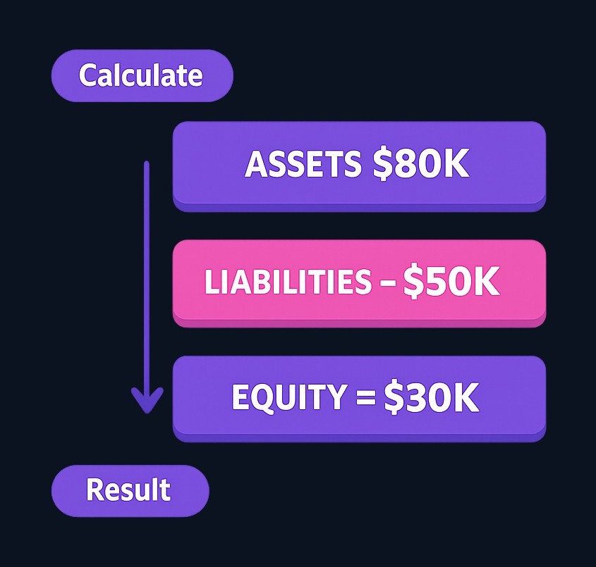 In this example, a shop with $80,000 in assets and $50,000 in liabilities has $30,000 in equity—the residual value belonging to owners after obligations are paid.