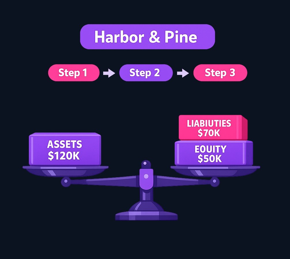 Harbor & Pine's balance sheet: $120,000 in assets is financed by $70,000 in liabilities (what the business owes) plus $50,000 in equity (owner value). The equation balances perfectly.