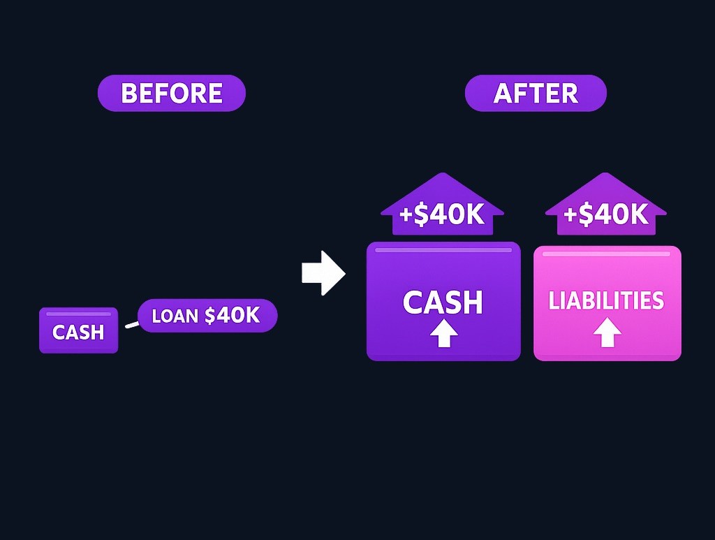 When Harbor & Pine receives a $40,000 loan, cash (an asset) increases by $40,000, but liabilities also increase by $40,000. The business has more resources but also more obligations—the balance sheet captures both effects.