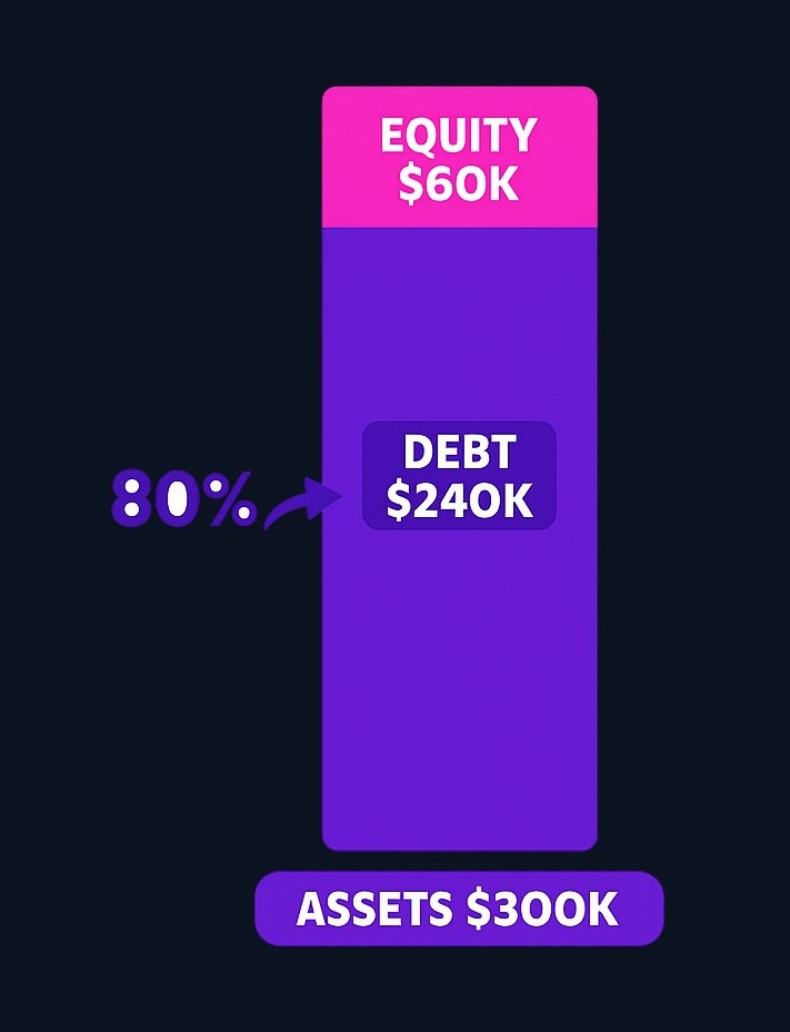 A contractor with $300,000 in assets and $240,000 in liabilities has a debt ratio of 80% ($240K ÷ $300K). This means 80% of the asset