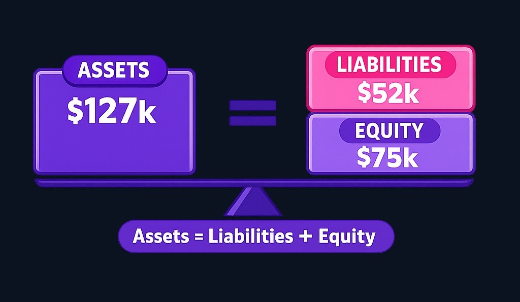 The accounting equation in action: every dollar of assets must equal the sum of liabilities and equity. If a company holds $127,000 in