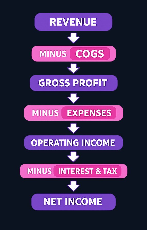 The income statement flows downward through layers, each answering a different profitability question. Revenue minus cost of goods