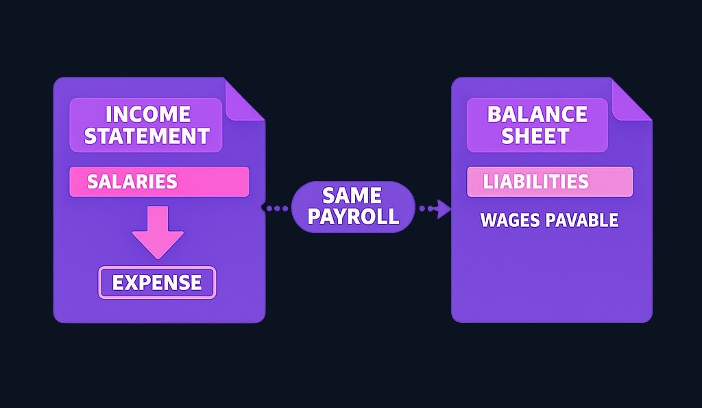 Same payroll, two statements: salaries earned during the period appear as an expense on the income statement (reducing profit), while unpaid wages at period-end appear as a liability on the balance sheet (money owed). Neither is wrong — they answer different questions