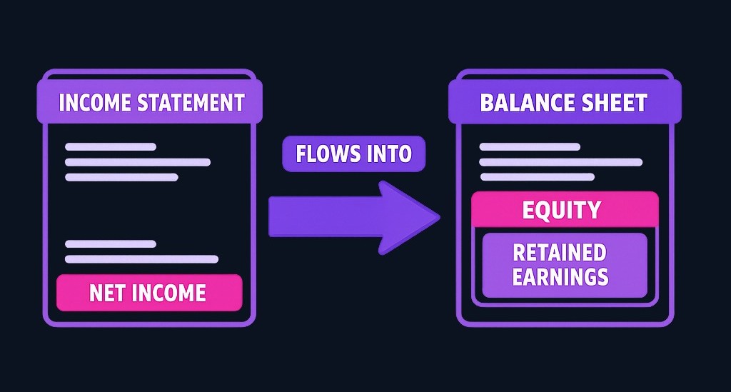 How the statements connect: net income from the income statement flows into retained earnings on the balance sheet. Profit increases