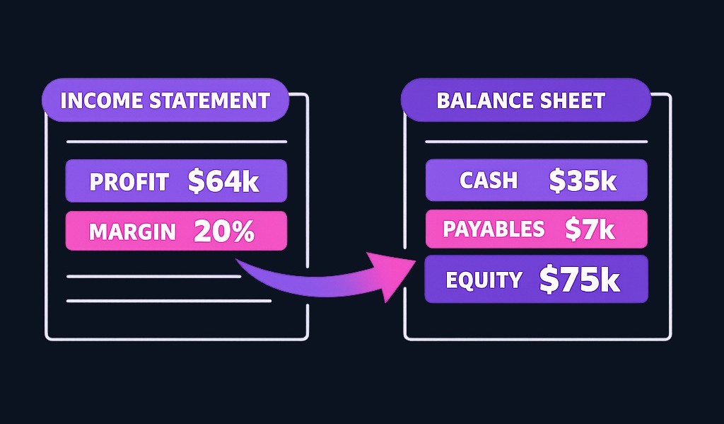 Reading both statements together reveals the full story: Maple Street Coffee shows 20% operating margin on the income statement (healthy profitability) and $35,000 cash against $7,000 payables on the balance sheet (strong liquidity). The $64,000 net income flowed