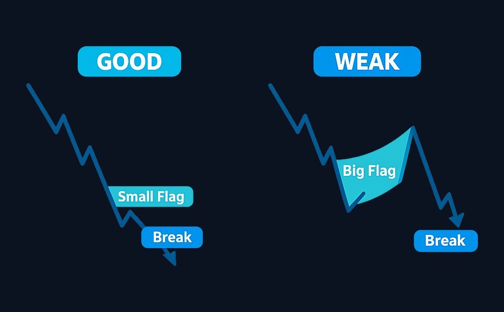 The flag portion should remain small compared to the initial decline. If the consolidation retraces too much of the original drop or becomes
