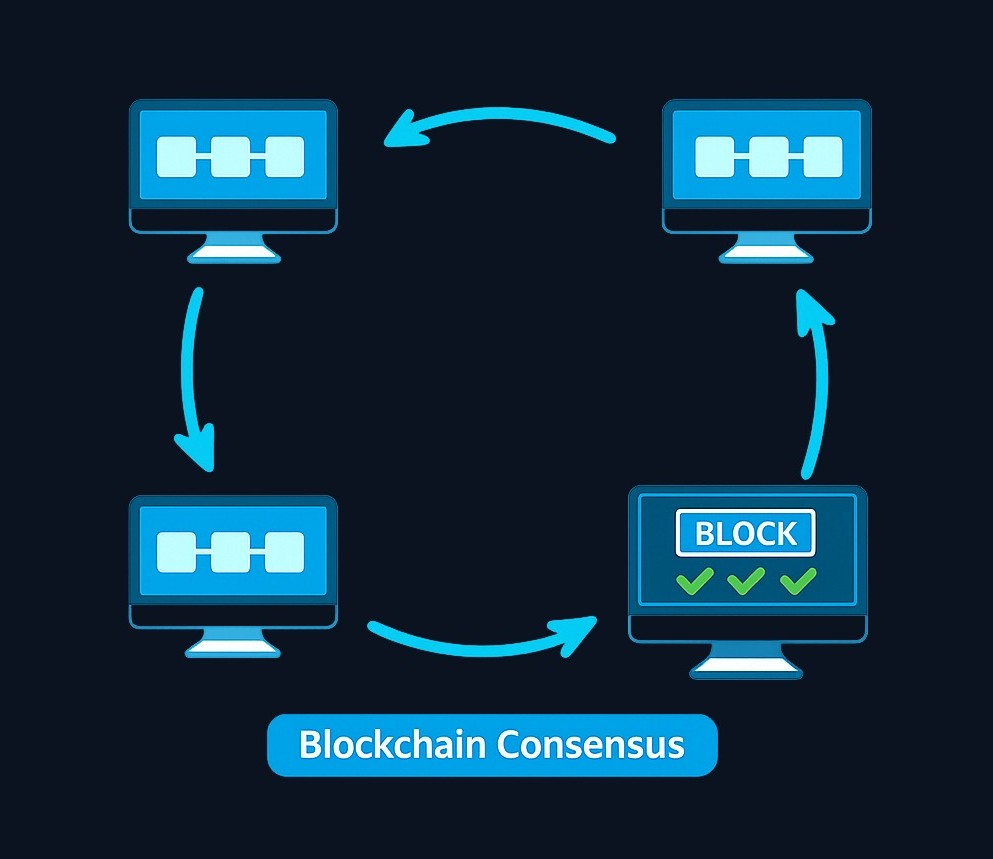 Multiple network participants (nodes) maintaining synchronized copies of the same ledger. When one node proposes a new block, others