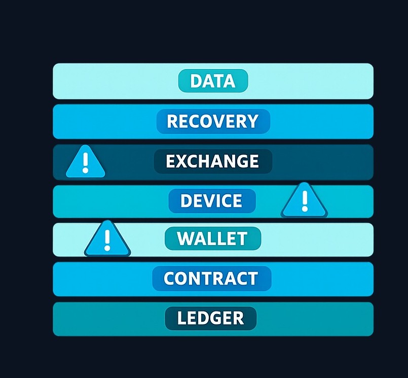 Security depends on every layer, not just the blockchain ledger. A vulnerability in any component—smart contract code, wallet software,
