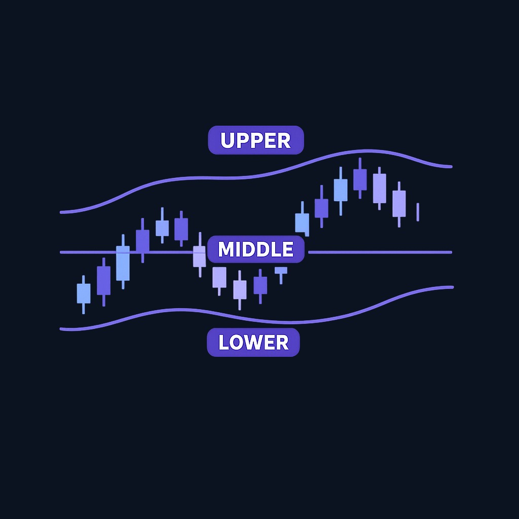 The three components of Bollinger Bands: the middle band (20-period moving average) anchors the structure, while the upper and lower bands sit two standard deviations away, creating an adaptive envelope around price.