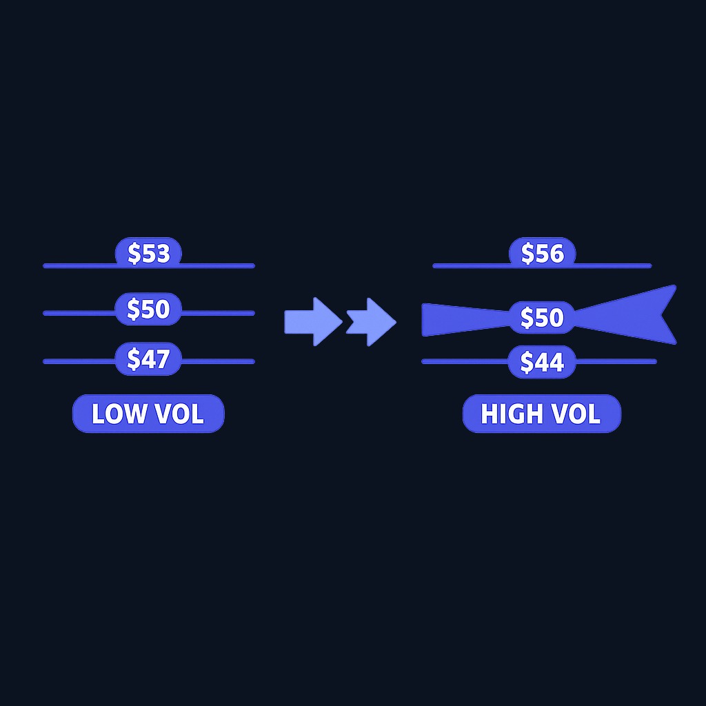 When the 20-day average is $50 and standard deviation is $1.50, the upper band sits at $53 and lower at $47. If volatility doubles to $3, the bands widen to $56 and $44—same average, different dispersion.