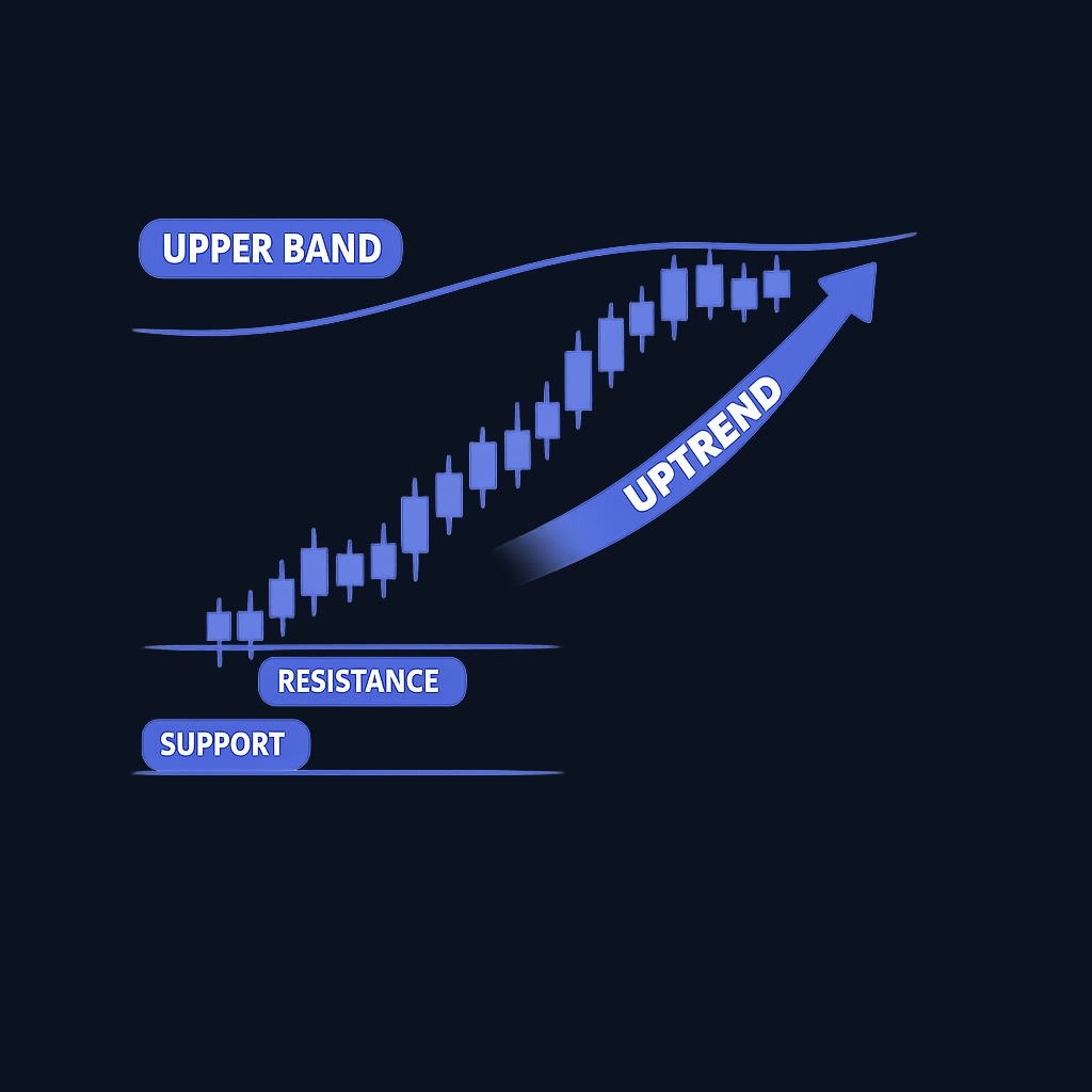 In a strong uptrend, price can ride the upper band for many bars—each touch looks overbought, yet the rally continues. 'Walking the band' is a sign of strength, not exhaustion.