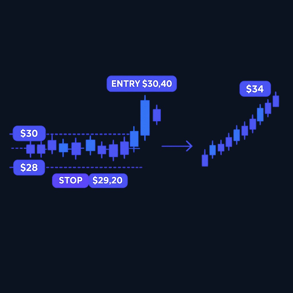 Hypothetical breakout trade: stock ranges $28–$30 for weeks as bands tighten, then closes at $30.40 above the upper band on high volume. Entry at $30.40, stop at $29.20, exit rule trails the middle band, capturing a move to $33.