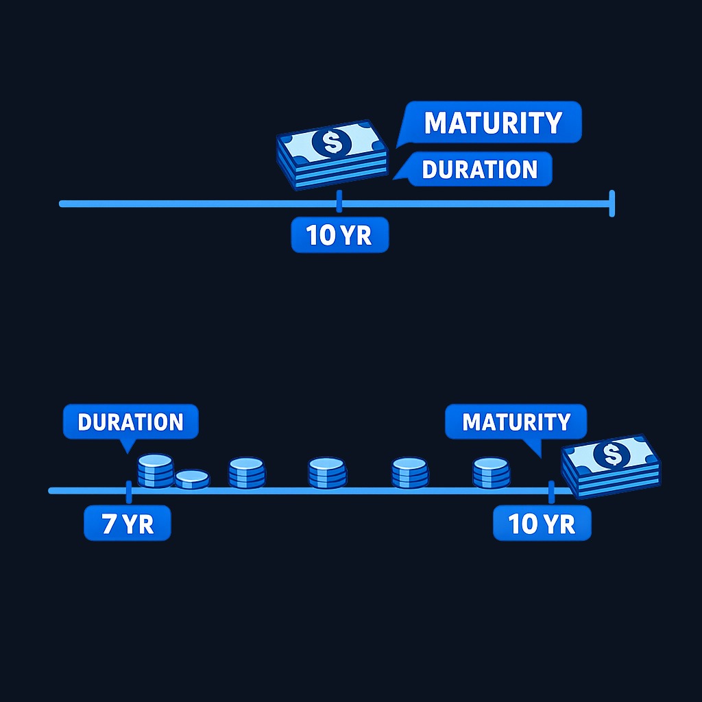 Zero-coupon bonds pay everything at maturity, so duration equals maturity. Coupon-paying bonds return cash earlier through periodic payments, shortening their duration below maturity.