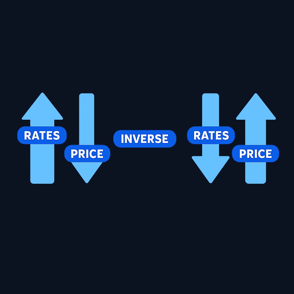 When interest rates rise, existing bond prices fall because new bonds offer better yields. When rates fall, existing bond prices rise. Duration measures how much prices swing.