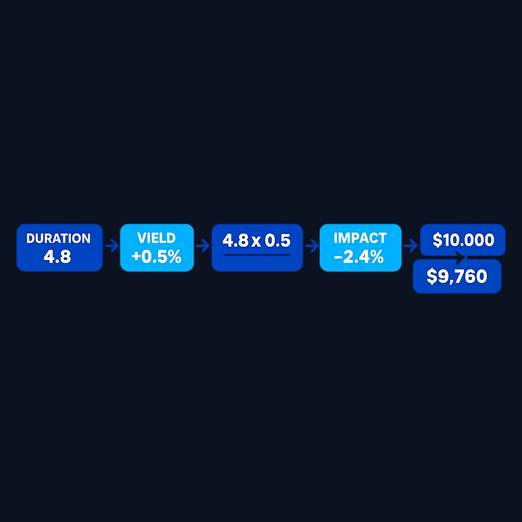 Example calculation: A bond with modified duration of 4.8 experiences a 0.5% yield increase. Estimated price change = −4.8 × 0.5 = −2.4%. A $10,000 position falls to approximately $9,760.