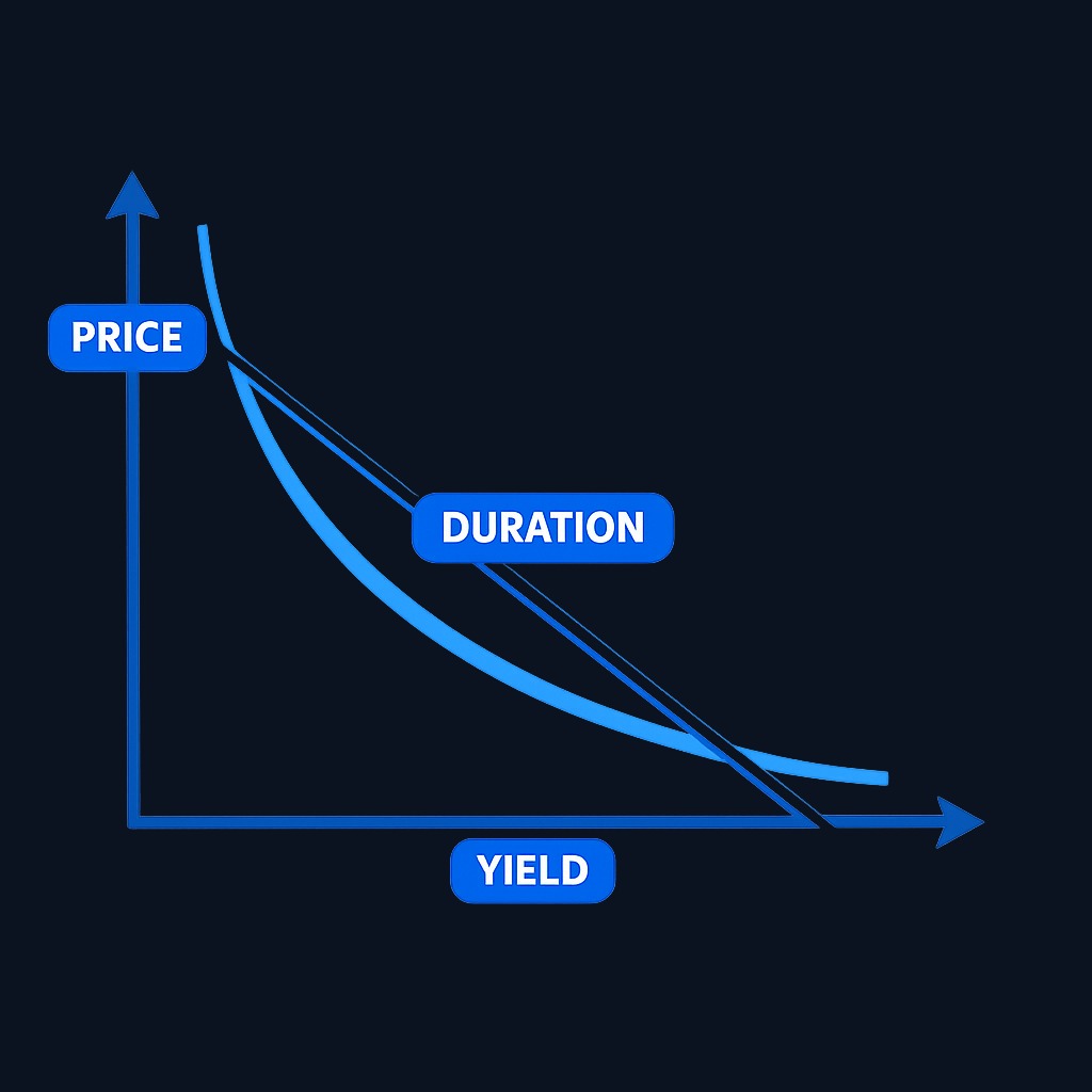The true bond price-yield relationship is curved, not straight. Prices rise more when yields fall than they drop when yields rise by the same amount. Duration gives the slope at one point; convexity captures the beneficial curve.