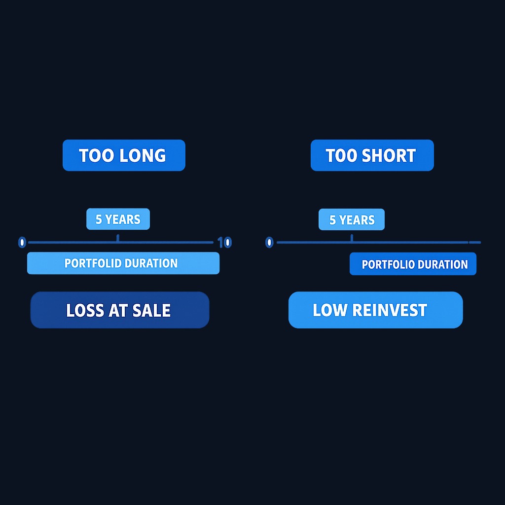 Matching duration to your time horizon reduces interest rate risk. If duration is too long, rising rates force you to sell at a loss. If duration is too short, falling rates mean reinvesting at lower yields.