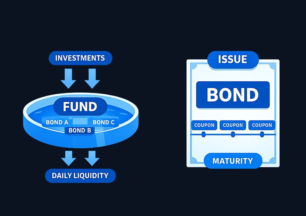 Bond funds pool investor money into a managed portfolio with daily liquidity, while individual bonds are direct loans with fixed maturity dates. The fund continuously trades; the individual bond returns principal at a set future date.