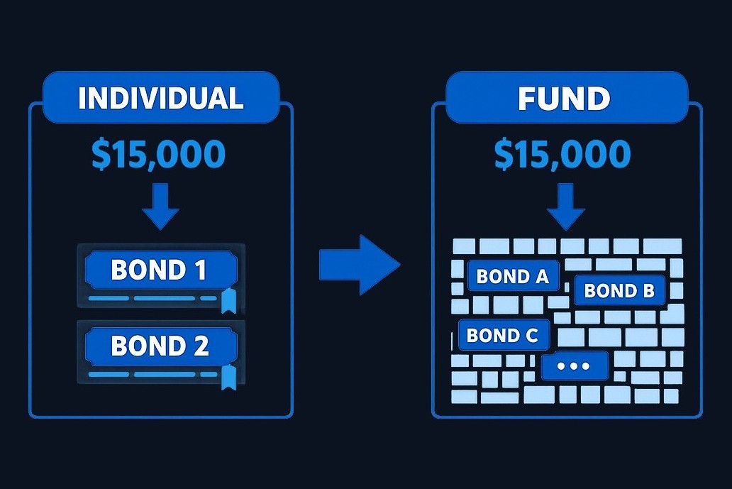 With $15,000, buying individual corporate bonds might only cover one or two issuers, concentrating risk. The same amount in a bond