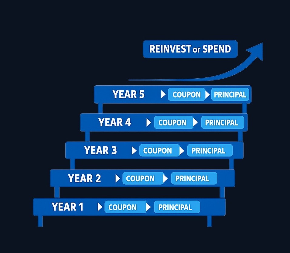 A five-year bond ladder divides your capital across five bonds, each maturing in a different year. As each bond matures, you either