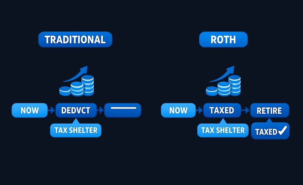 Traditional IRA: contributions may be tax-deductible now, but withdrawals are taxed later. Roth IRA: contributions use after-tax money, but