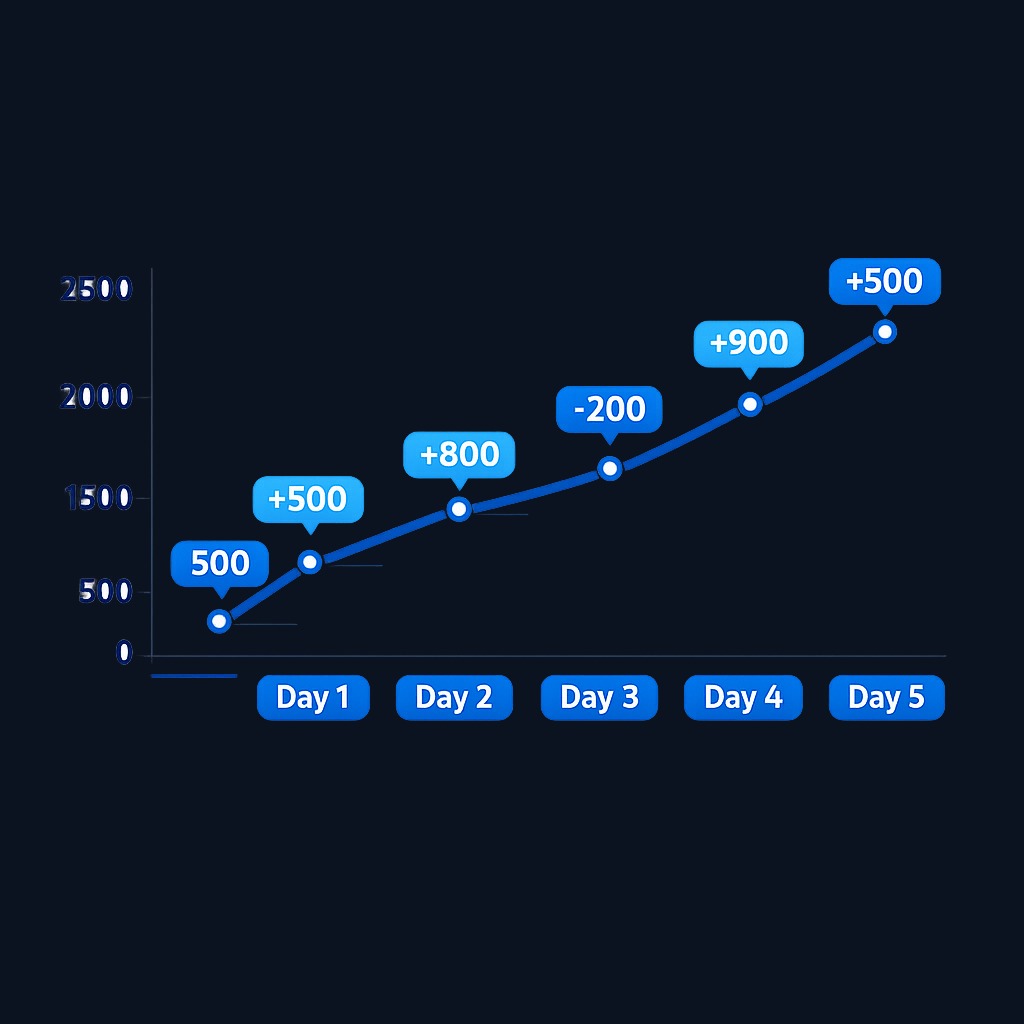 Five-day example: Each day's net advances (shown in the bar) is added to the running total. Day 1: +500. Day 2: +800 (line now +1,300). Day 3: -200 (line +1,100). Day 4: +900 (line +2,000). Day 5: +500 (line +2,500). The slope reflects participation strength.