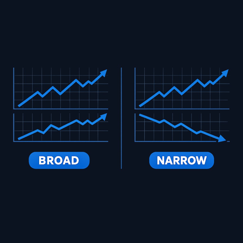 Left: Index rises 2.1%, A/D line rises to +2,500 → broad participation confirms the rally. Right: Index rises 2.1%, A/D line falls to -400 → narrow leadership, fewer stocks advancing. The price move is identical; the breadth story is opposite.