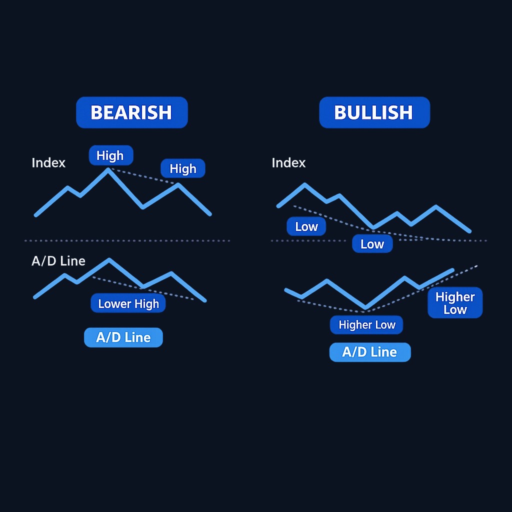 Bearish divergence: Index makes a new high, but the A/D line fails to match it, forming a lower peak. Bullish divergence: Index makes a lower low, while the A/D line holds a higher low. Both warn that momentum is shifting before price confirms.