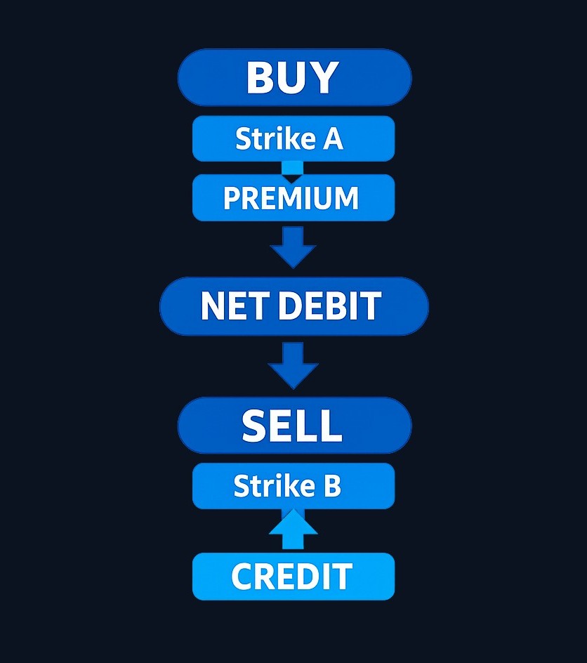 A bull call spread consists of two legs: buying a call at the lower strike (long leg) and selling a call at the higher strike (short leg). The