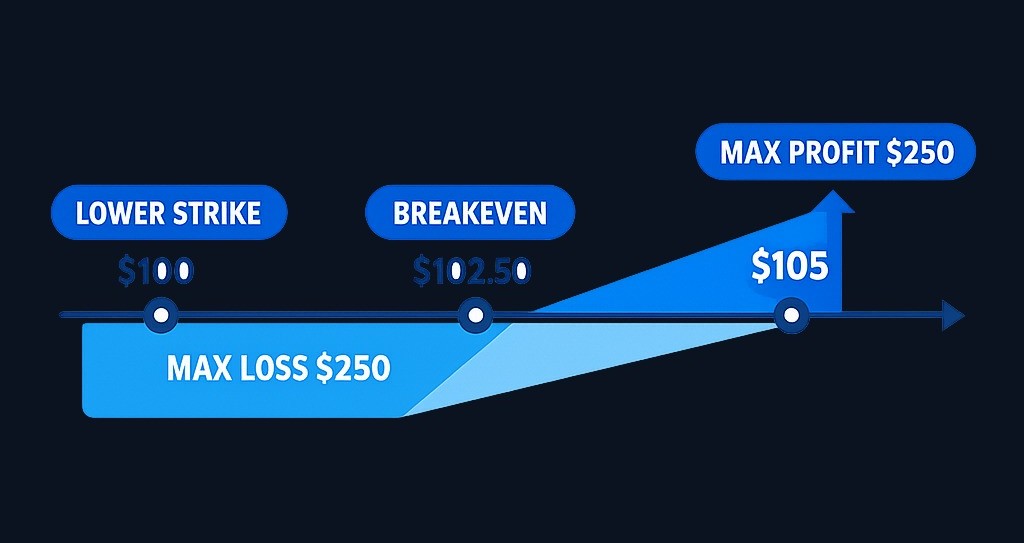 Example: Stock at $100. You buy the $100 call for $4.00 and sell the $105 call for $1.50. Net debit is $2.50 ($250 per contract). Maximum