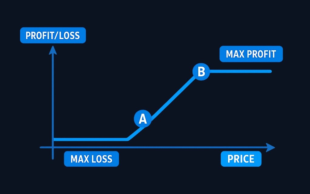 The payoff diagram at expiration shows three zones: a flat maximum loss below the lower strike, a rising diagonal between the two strikes (where profit increases dollar-for-dollar with the stock), and a flat maximum profit above the higher strike. The shape resembles a long call