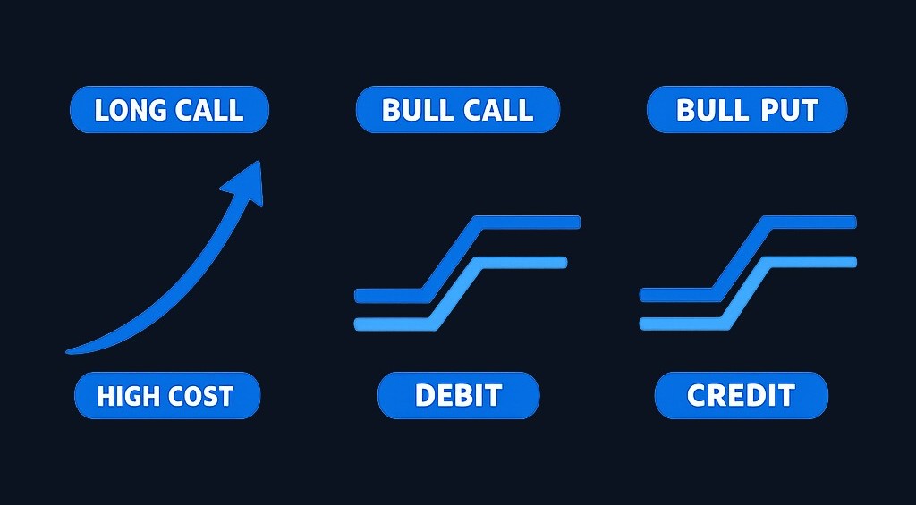 Three bullish strategies compared: A long call has unlimited upside but costs the full premium. A bull call