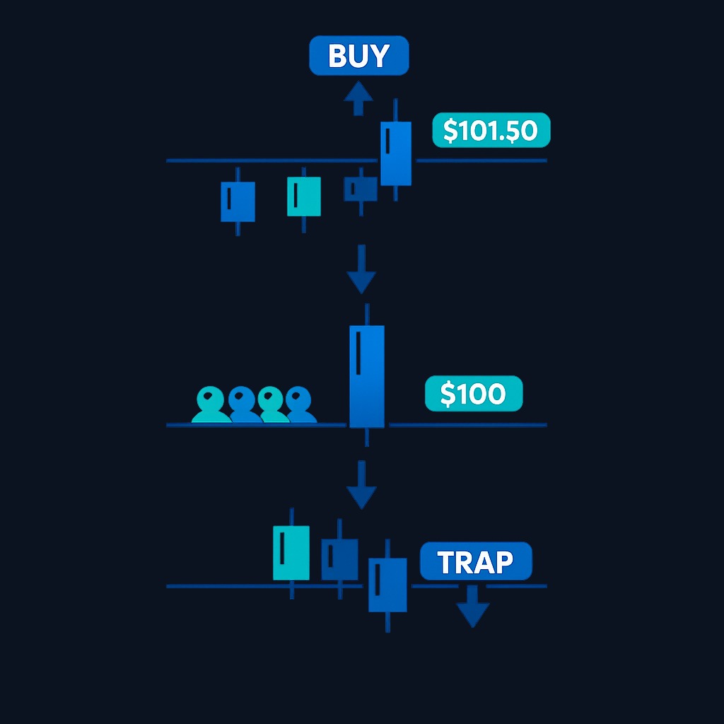 Anatomy of a bull trap: Price pushes above $100 resistance, attracts breakout buyers, then reverses back below the level, trapping latecomers with instant losses.
