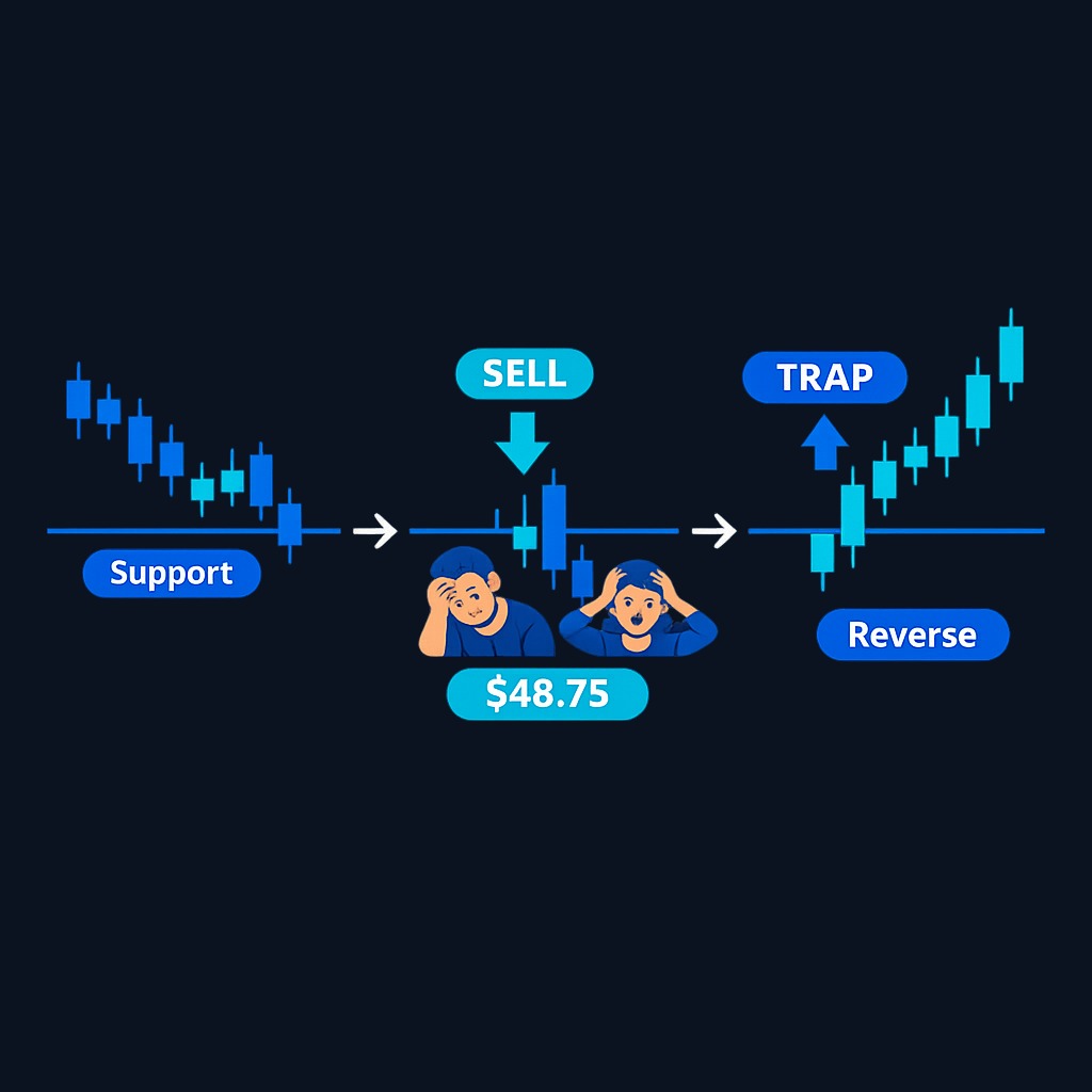 Anatomy of a bear trap: Price breaks below $50 support to $48.75, triggers panic selling and shorts, then reclaims $50, trapping sellers at the low.