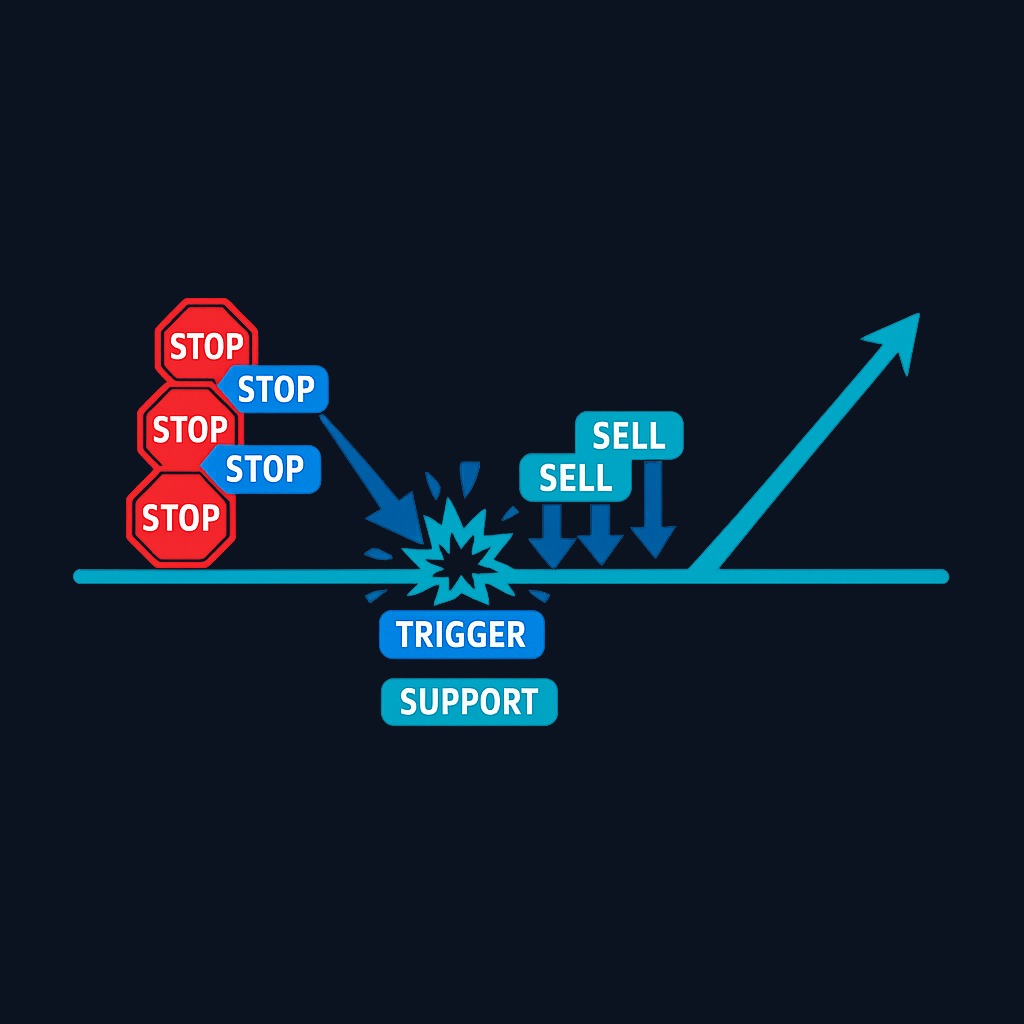 How stops amplify traps: Clustered stop orders at obvious levels convert to market orders when triggered, exaggerating the move and making false breaks look temporarily real before price reverses.
