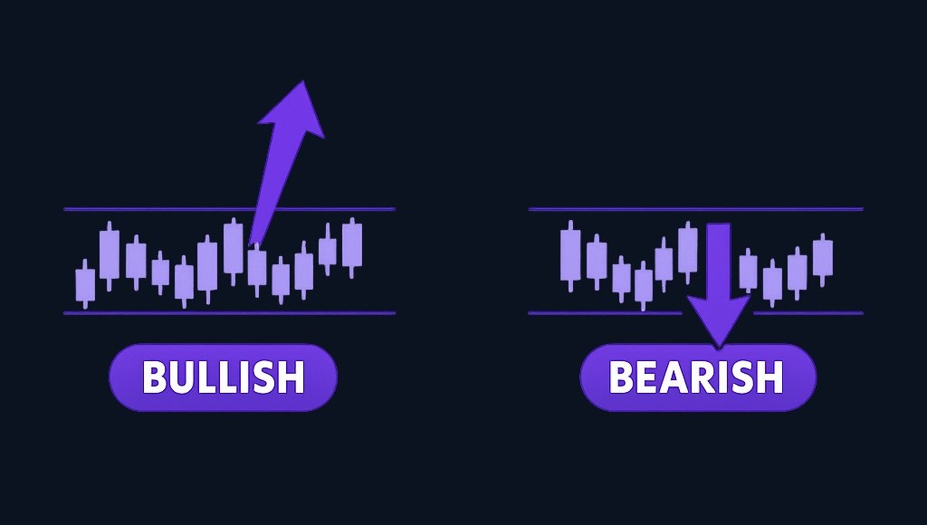 Bullish patterns suggest upward price movement (left), while bearish patterns suggest downward movement (right). The key difference is