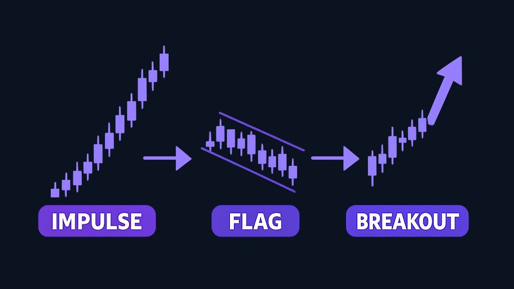 A bull flag forms when price rises sharply (impulse), pauses in a narrow downward channel (flag), then breaks upward to continue the trend. The pattern shows buyers absorbing selling pressure before resuming the move.