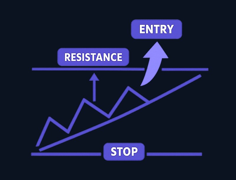 Ascending triangle example: horizontal resistance at top, rising lows show buying pressure. Trader waits for breakout above resistance,