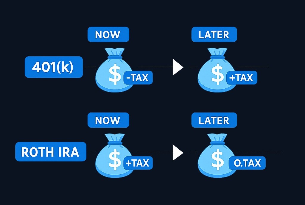 The 401(k) saves you taxes today but withdrawals are taxed later. The Roth IRA costs you taxes today but withdrawals are tax-free