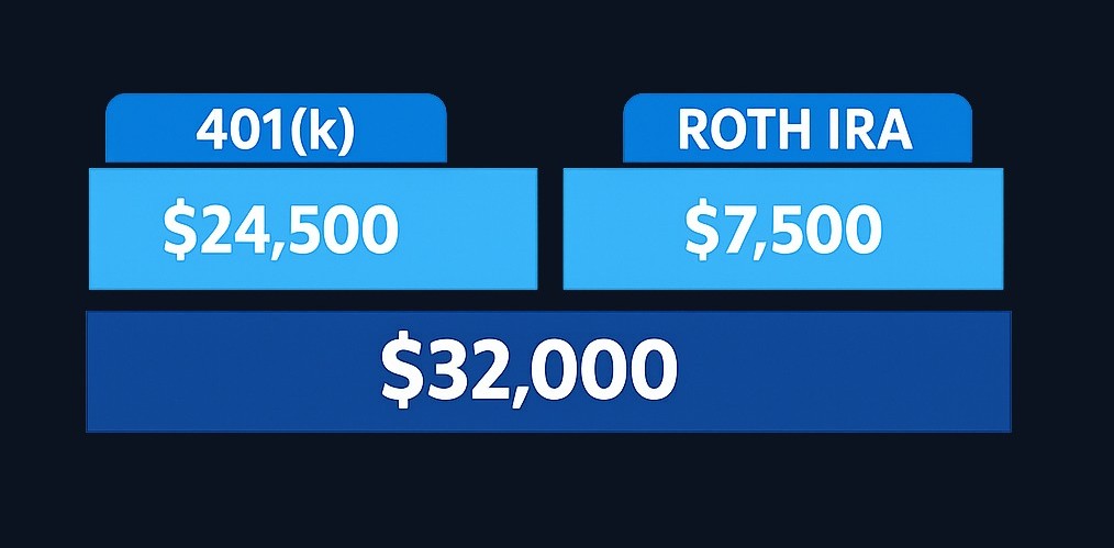 For 2026, you can contribute up to $24,500 to your 401(k) and up to $7,500 to your Roth IRA — the limits stack, giving you $32,000 total annual room (under age 50).