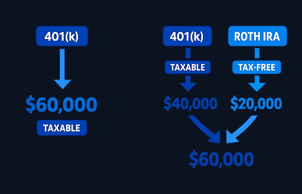 Drawing $60,000 all from the 401(k) makes the full amount taxable. Splitting it — $40,000 from the 401(k) and $20,000 from the Roth IRA