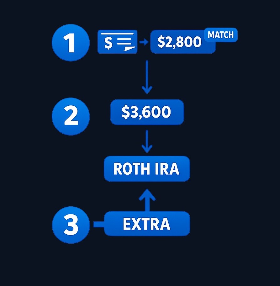 Step 1: Contribute 4% ($2,800) to get the full employer match. Step 2: Put $300/month ($3,600/year) into the Roth IRA. Step 3: Any
