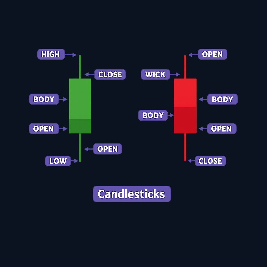 Anatomy of a candlestick: each candle shows four prices (open, high, low, close). The body spans open to close; wicks mark the high and