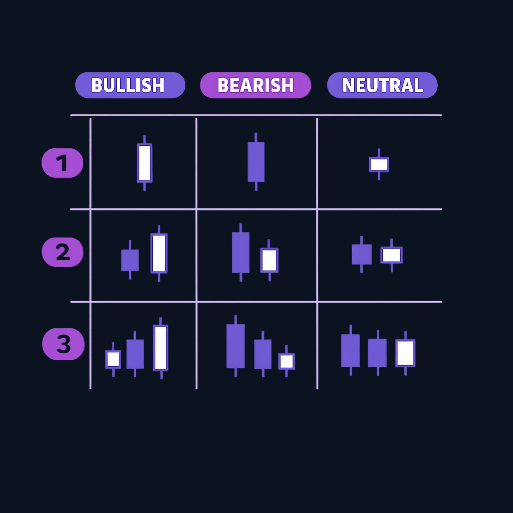 Candlestick patterns organize by market bias (bullish, bearish, neutral) and by structure (single, double, or triple candles). Most named