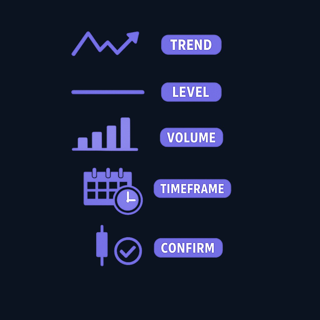 Patterns carry more weight when multiple conditions align: a clear prior trend, a meaningful support or resistance level, above-average volume, a higher timeframe, and a confirmation candle. None of these guarantees success, but together they improve the quality of the