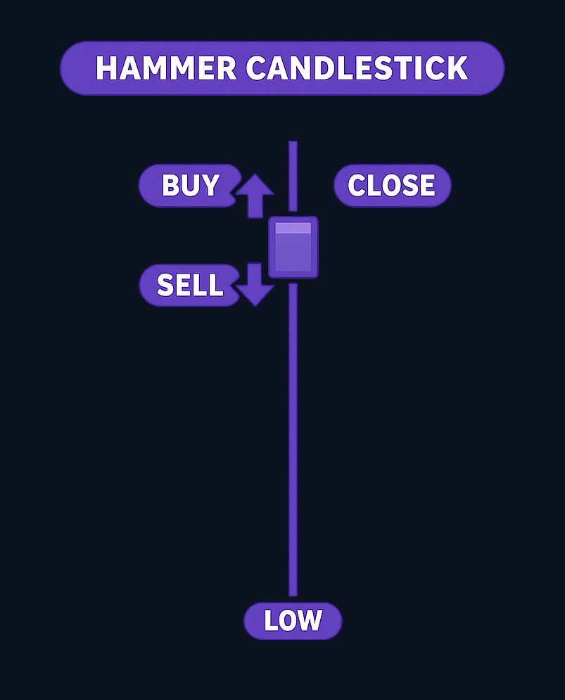 A hammer candlestick forms when sellers push price down (long lower wick) but buyers recover by close, suggesting potential shift in market pressure.