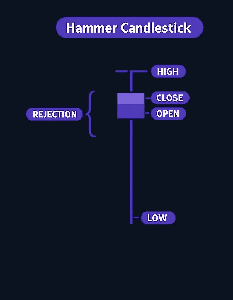 The hammer's long lower wick is the key visual identifier—it demonstrates price rejection at lower levels during the candle period, with a close well above the low.